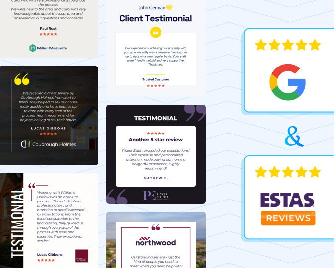 Collage of example brand client testimonials through Google and ESTAS