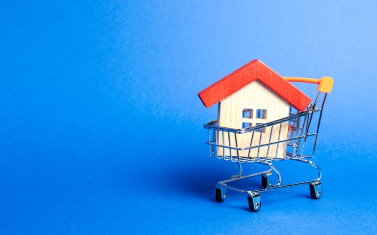 Wooden house in supermarket trolley for house buyers and sellers